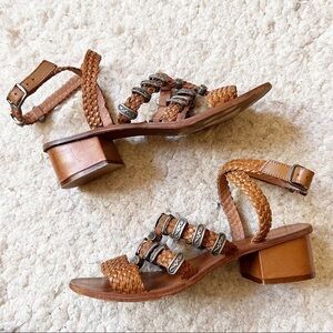 TOP SHOP: Braided Brown Leather  Silver Metal Embellishment Ankle Strap Sandals
